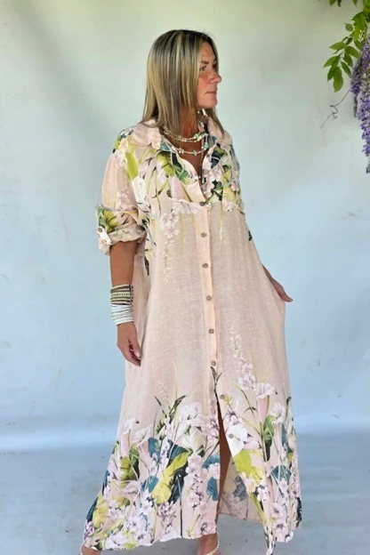 Blush Floral Linen Maxi Shirt Dress | Oversized Resort Cover-Up