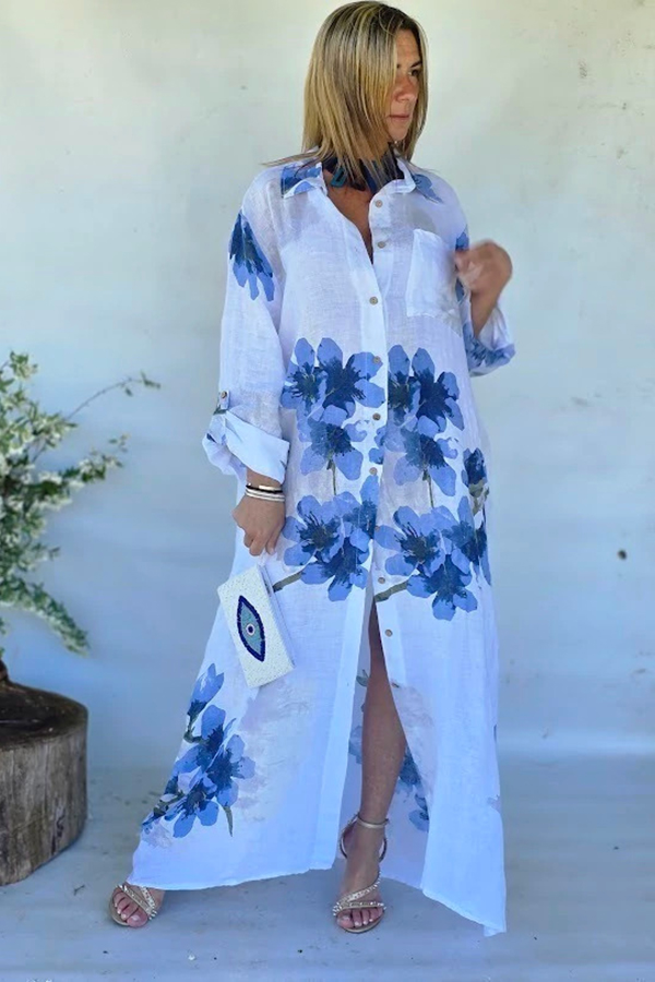 Blue Floral Linen Maxi Shirt Dress | Oversized Resort Cover-Up