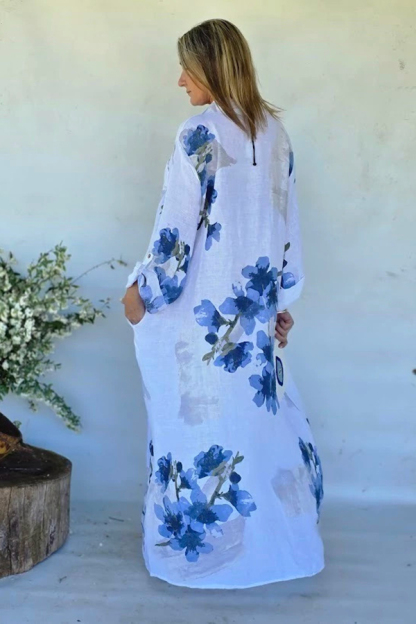 Blue Floral Linen Maxi Shirt Dress | Oversized Resort Cover-Up