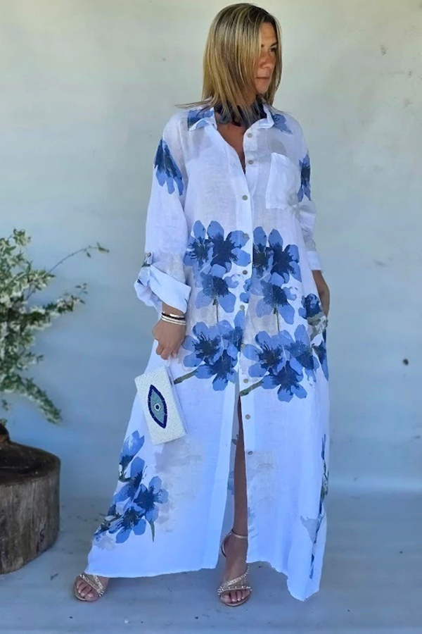Blue Floral Linen Maxi Shirt Dress | Oversized Resort Cover-Up