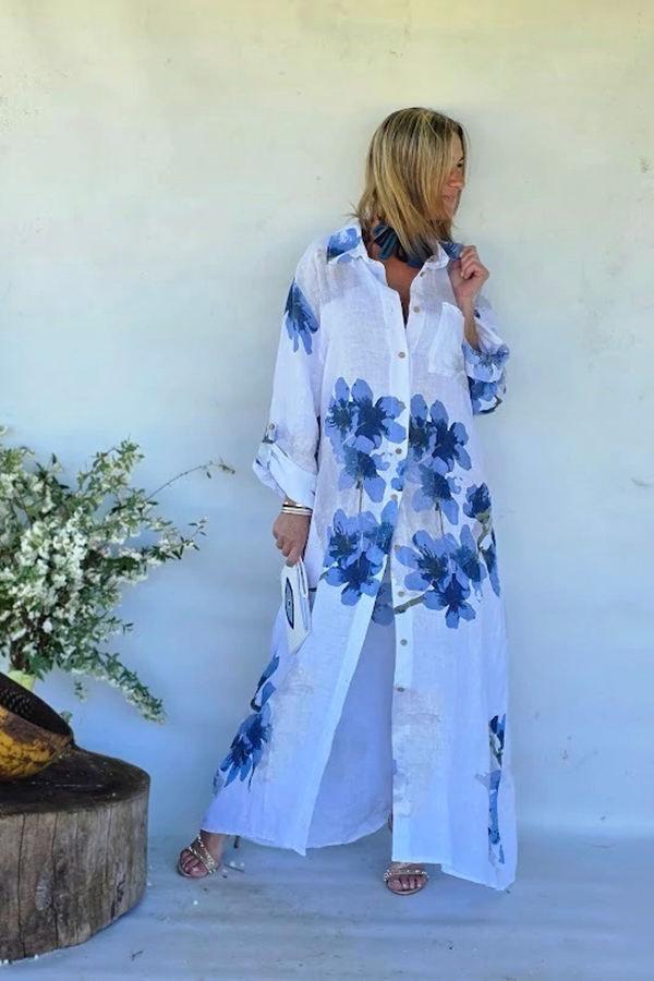 Blue Floral Linen Maxi Shirt Dress | Oversized Resort Cover-Up