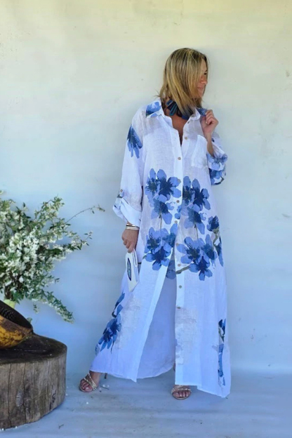Blue Floral Linen Maxi Shirt Dress | Oversized Resort Cover-Up
