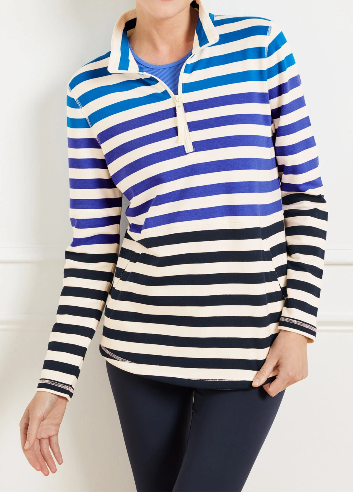 Modal Stripe Waisted Slimming Terry Half-Zip Pullover