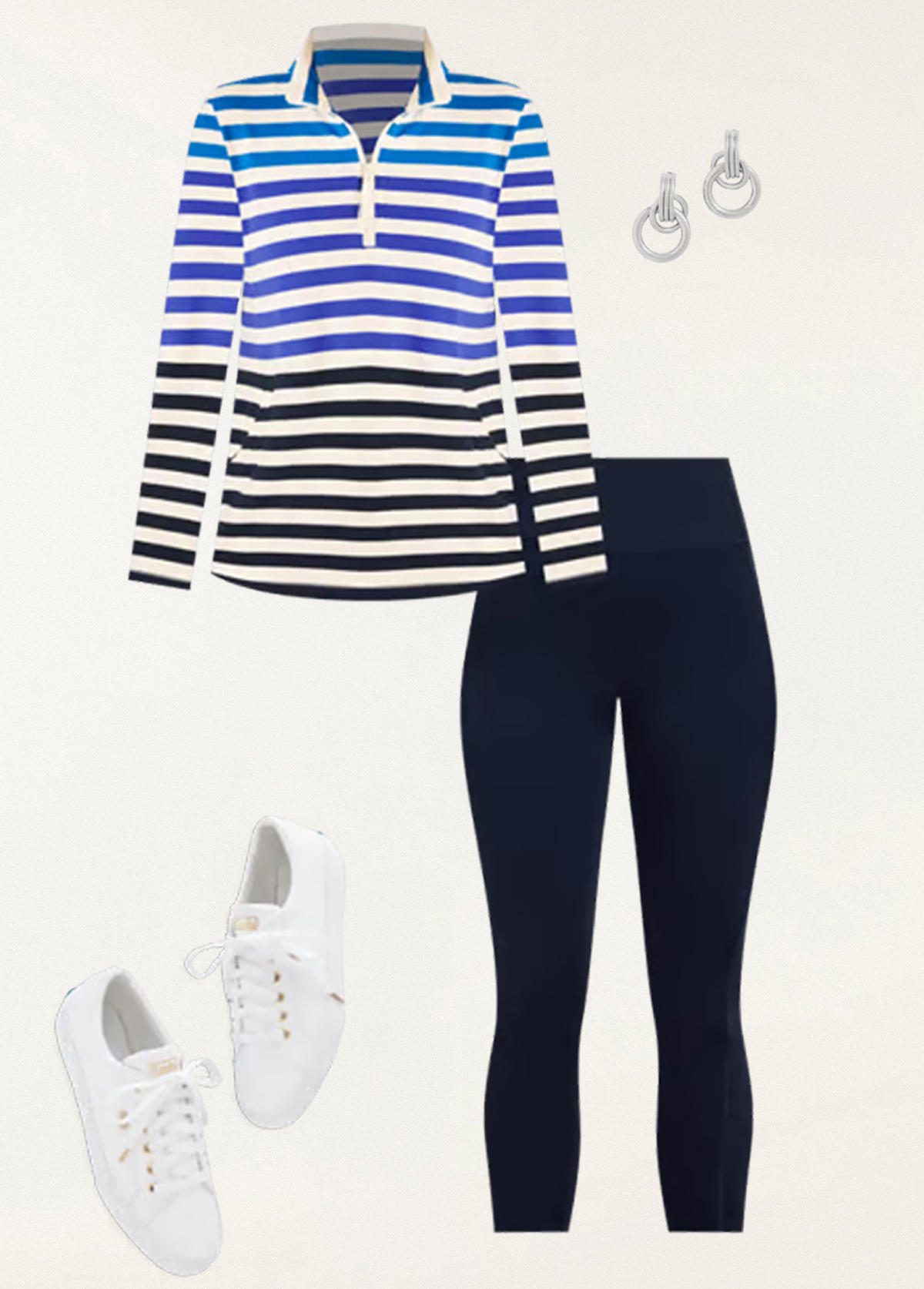 Modal Stripe Waisted Slimming Terry Half-Zip Pullover