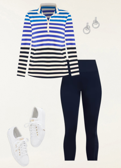 Modal Stripe Waisted Slimming Terry Half-Zip Pullover