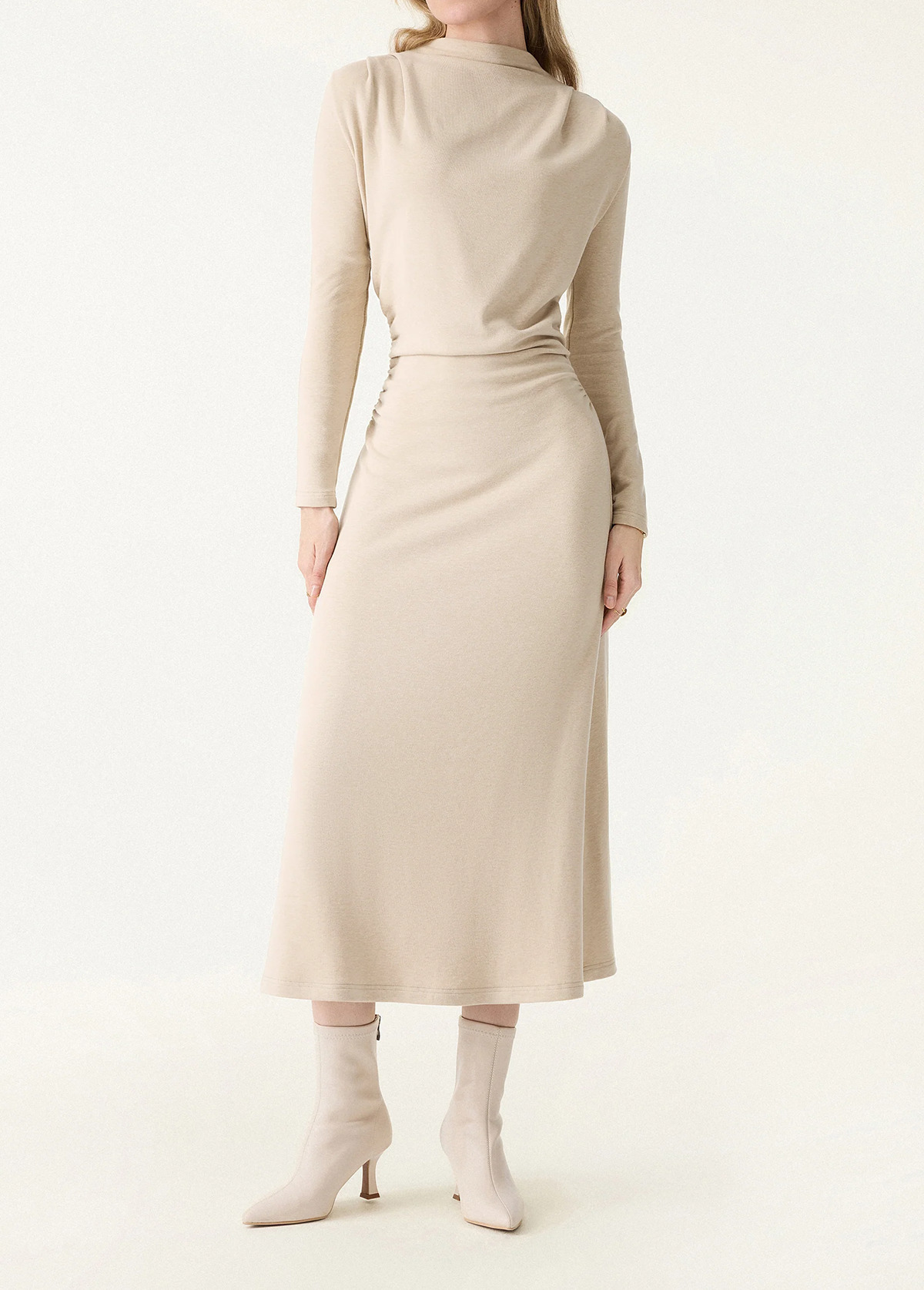 Waisted Slimming Ruched Mock Neck Fit-And-Flare Brami Dress