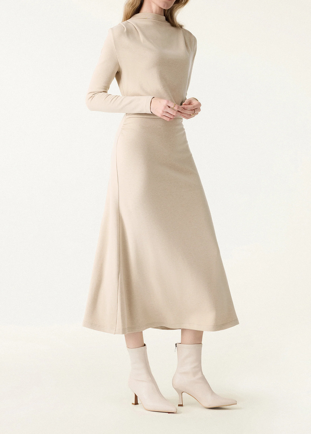 Waisted Slimming Ruched Mock Neck Fit-And-Flare Brami Dress