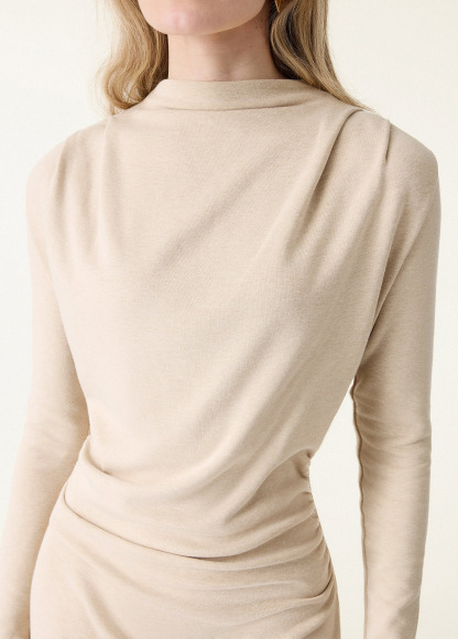 Waisted Slimming Ruched Mock Neck Fit-And-Flare Brami Dress