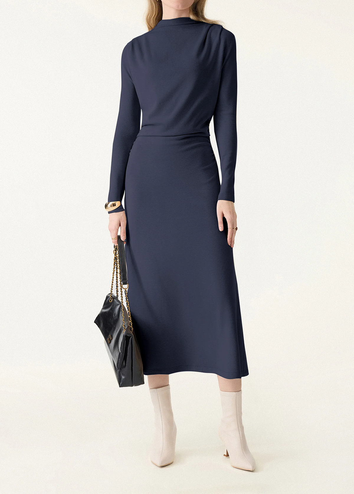 Waisted Slimming Ruched Mock Neck Fit-And-Flare Brami Dress