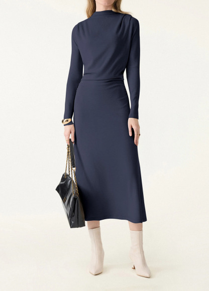 Waisted Slimming Ruched Mock Neck Fit-And-Flare Brami Dress