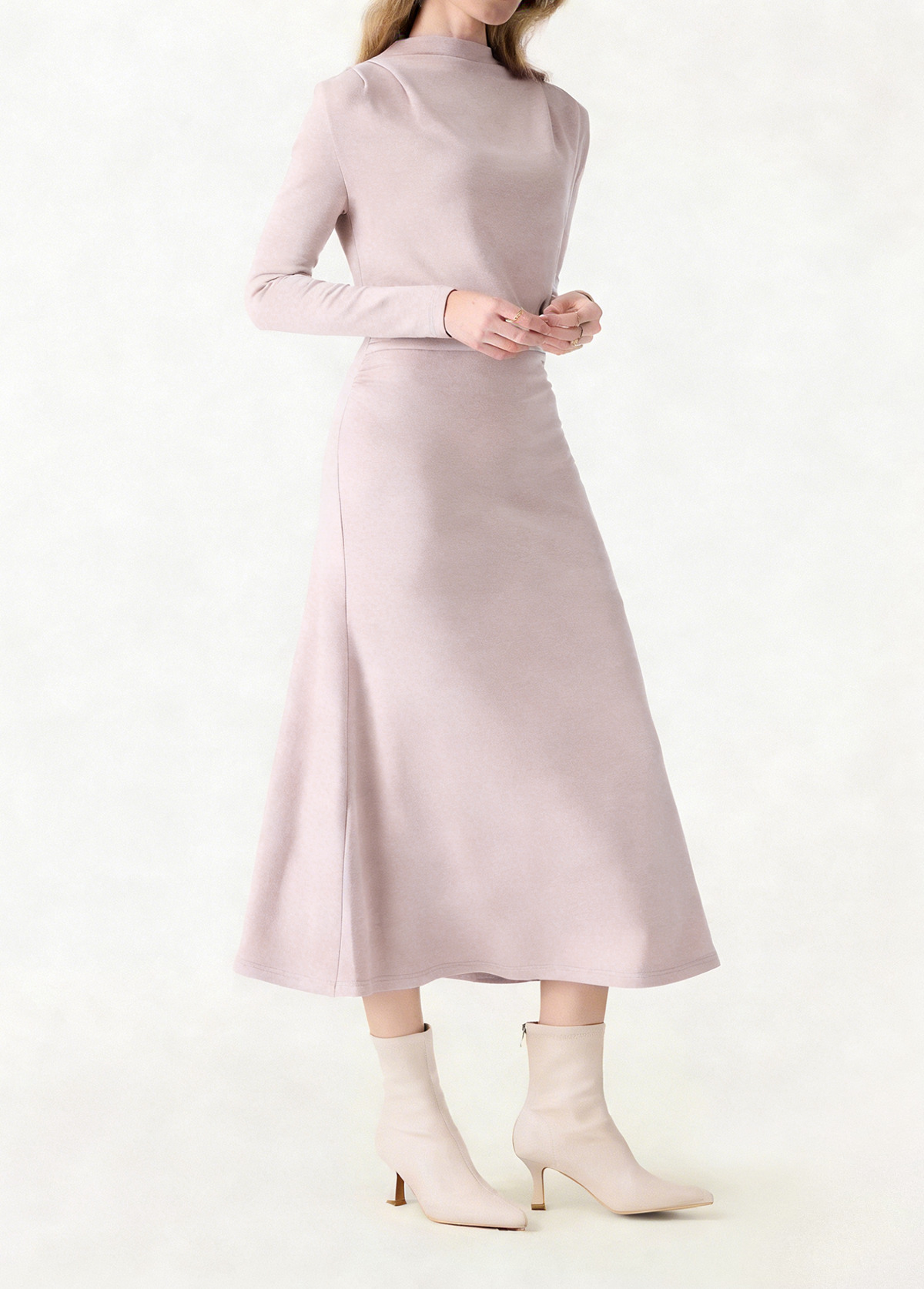 Waisted Slimming Ruched Mock Neck Fit-And-Flare Brami Dress