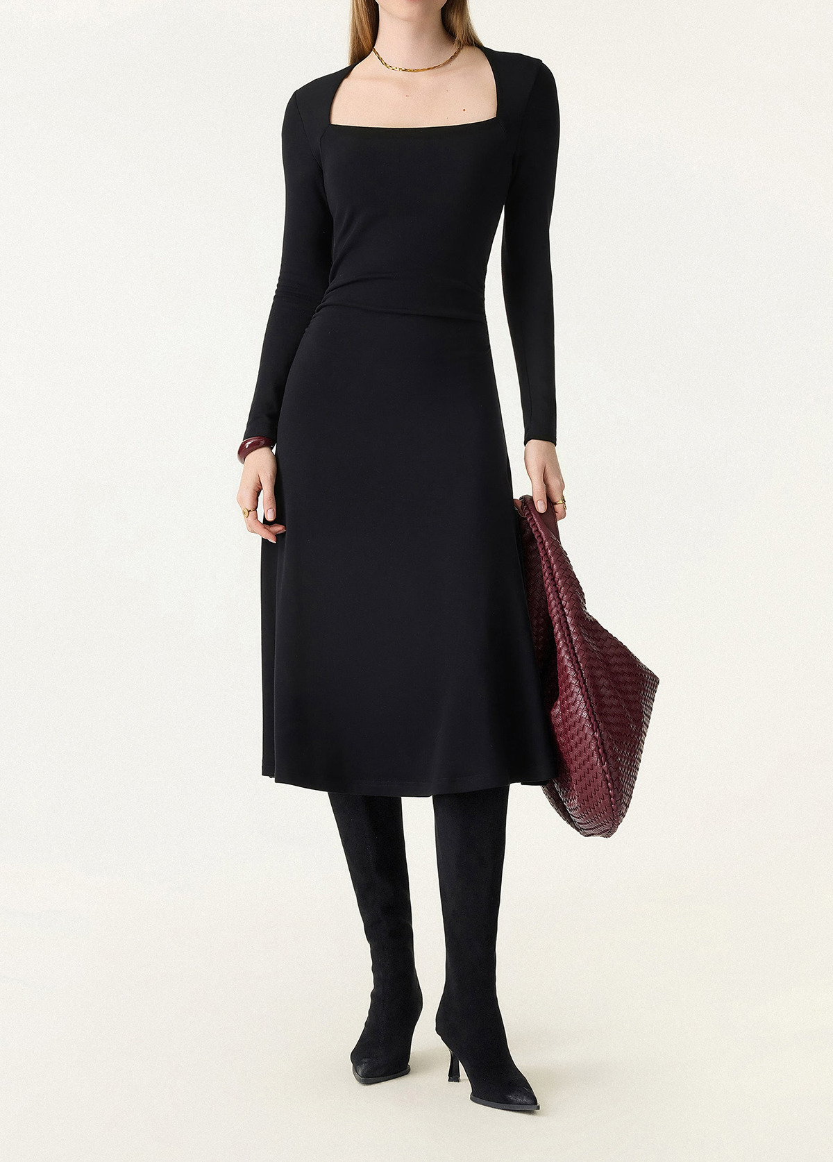 Waist Slimming Angular Square Neck Flare Midi Brami Dress