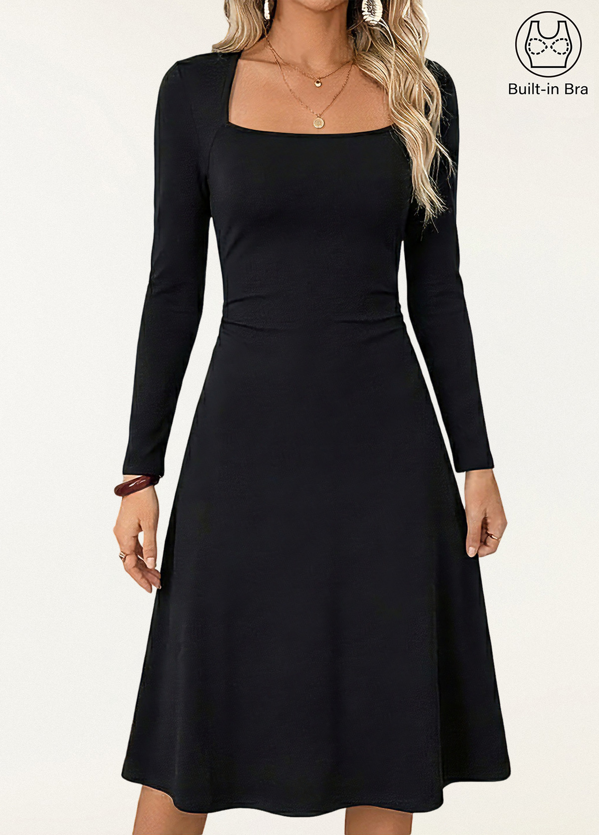 Waist Slimming Angular Square Neck Flare Midi Brami Dress