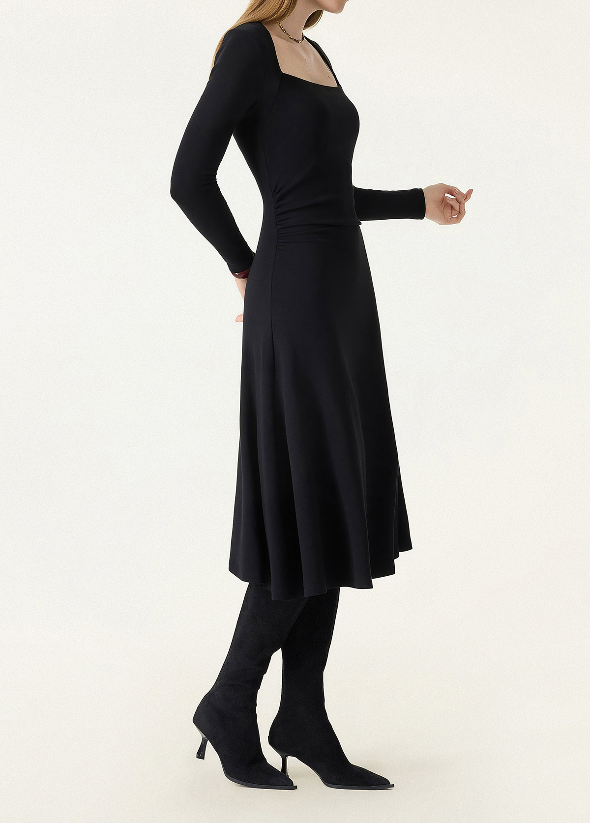 Waist Slimming Angular Square Neck Flare Midi Brami Dress