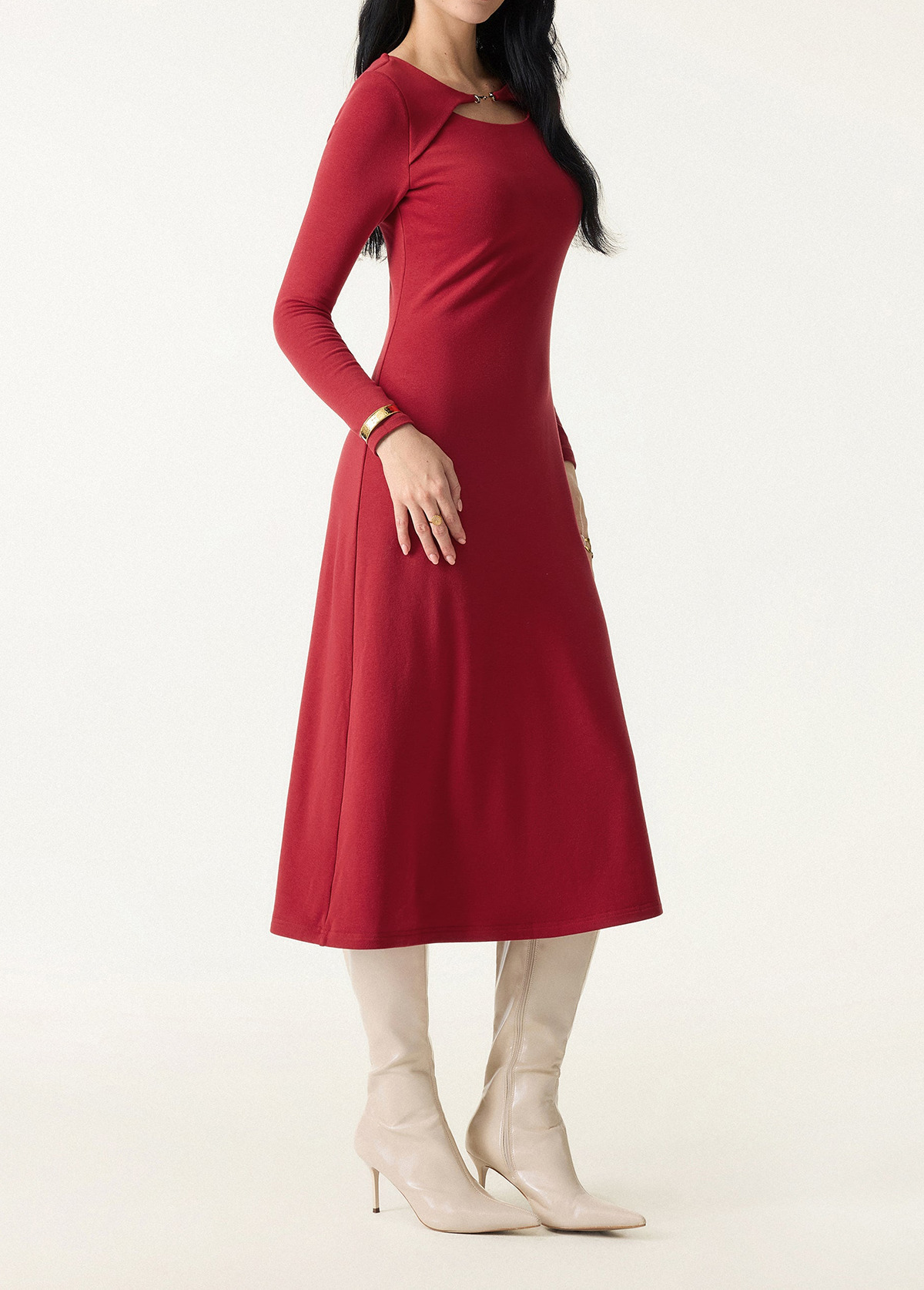 Waisted Slimming Metal Chain Detail Boat Neck Midi Brami Dress