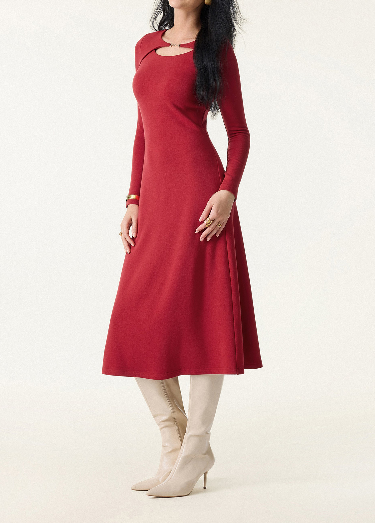 Waisted Slimming Metal Chain Detail Boat Neck Midi Brami Dress