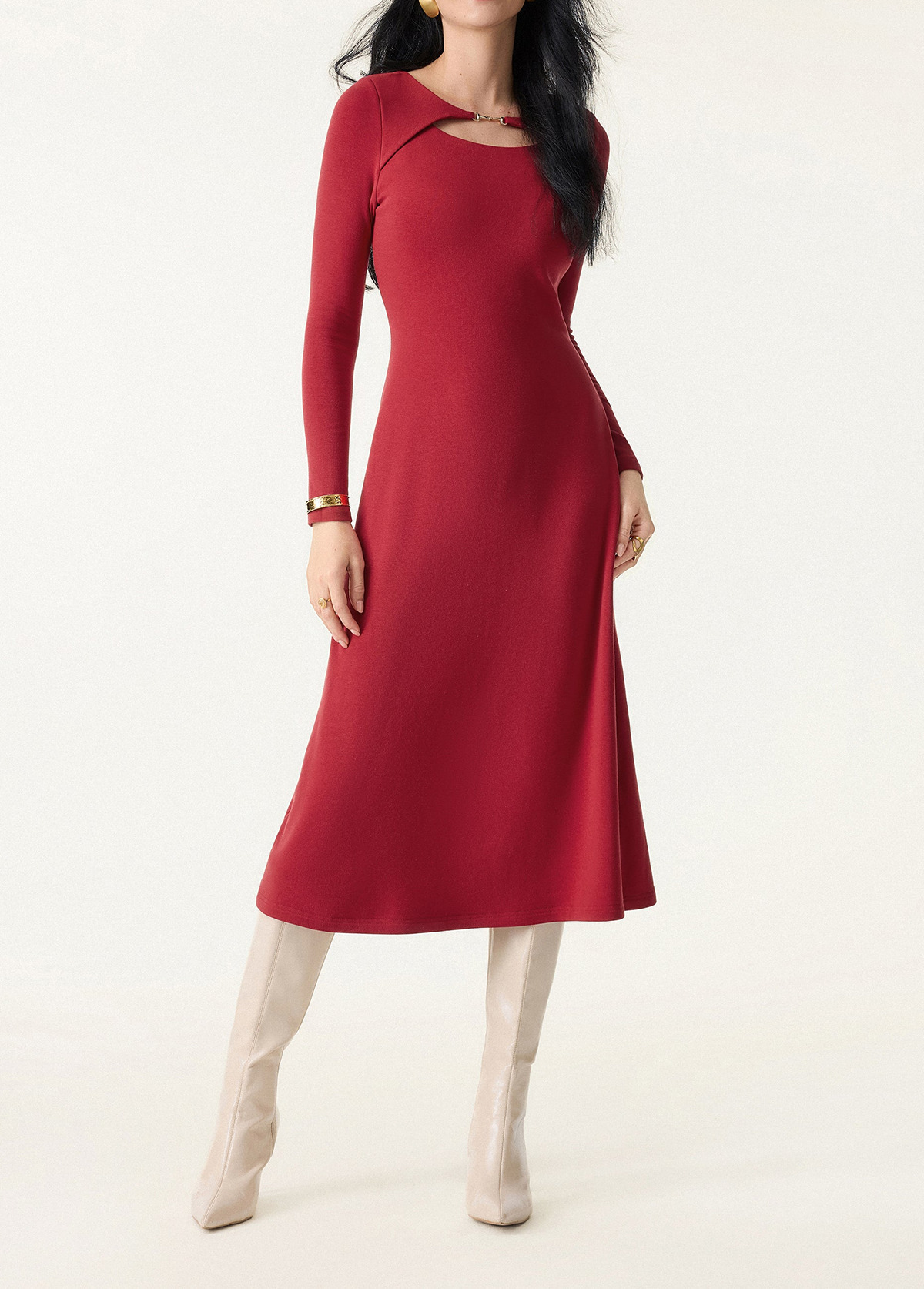 Waisted Slimming Metal Chain Detail Boat Neck Midi Brami Dress