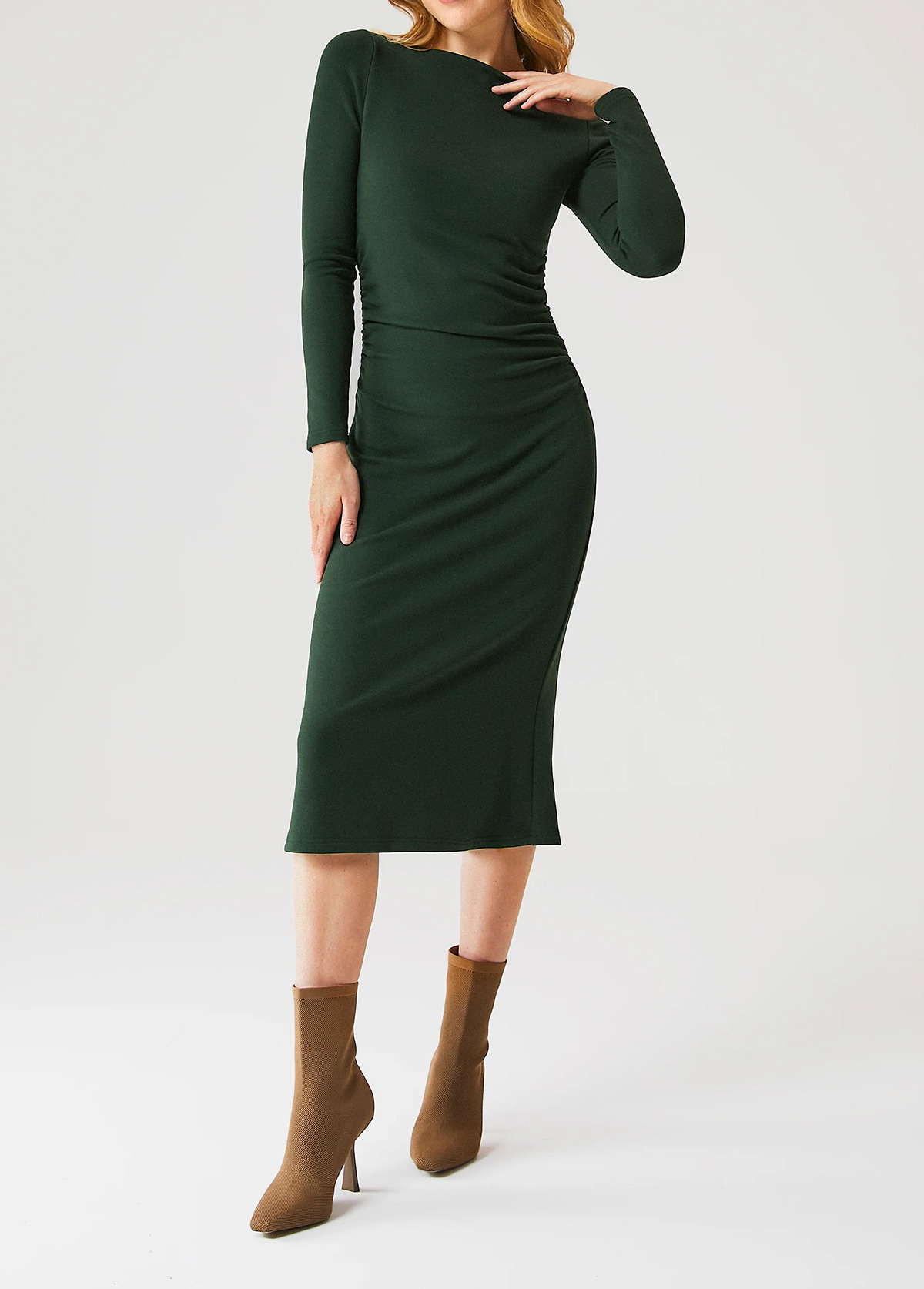Waisted Slimming Boat Neck Ruched Sides Brami Midi Dress
