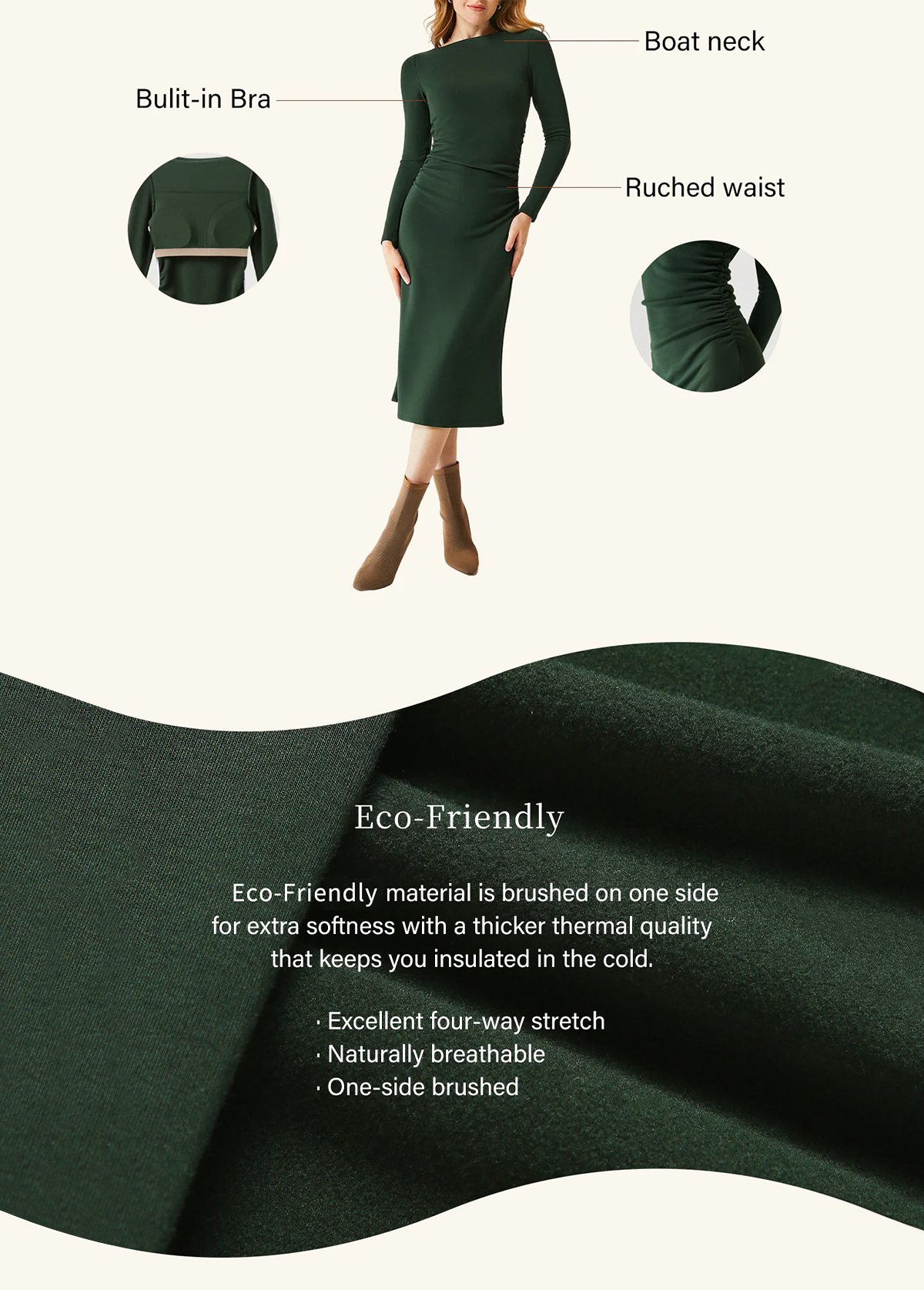 Waisted Slimming Boat Neck Ruched Sides Brami Midi Dress