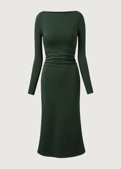 Waisted Slimming Boat Neck Ruched Sides Brami Midi Dress
