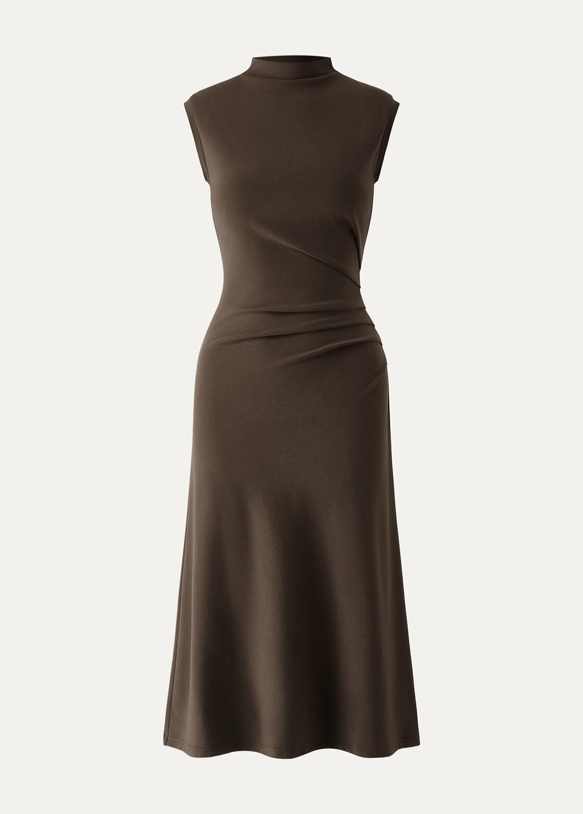 Mock Neck Tucks Waisted Slimming Midi Dress