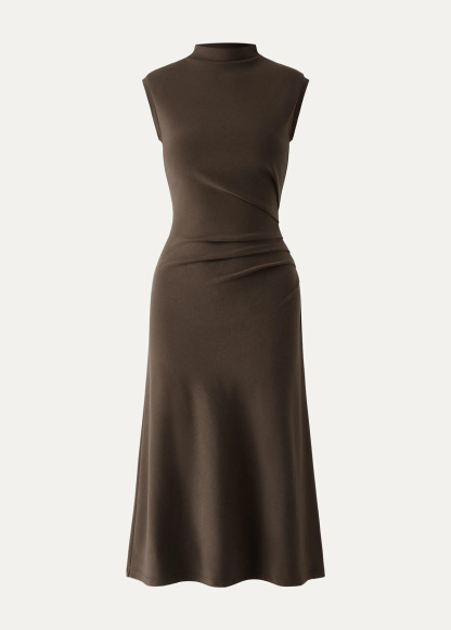 Mock Neck Tucks Waisted Slimming Midi Dress
