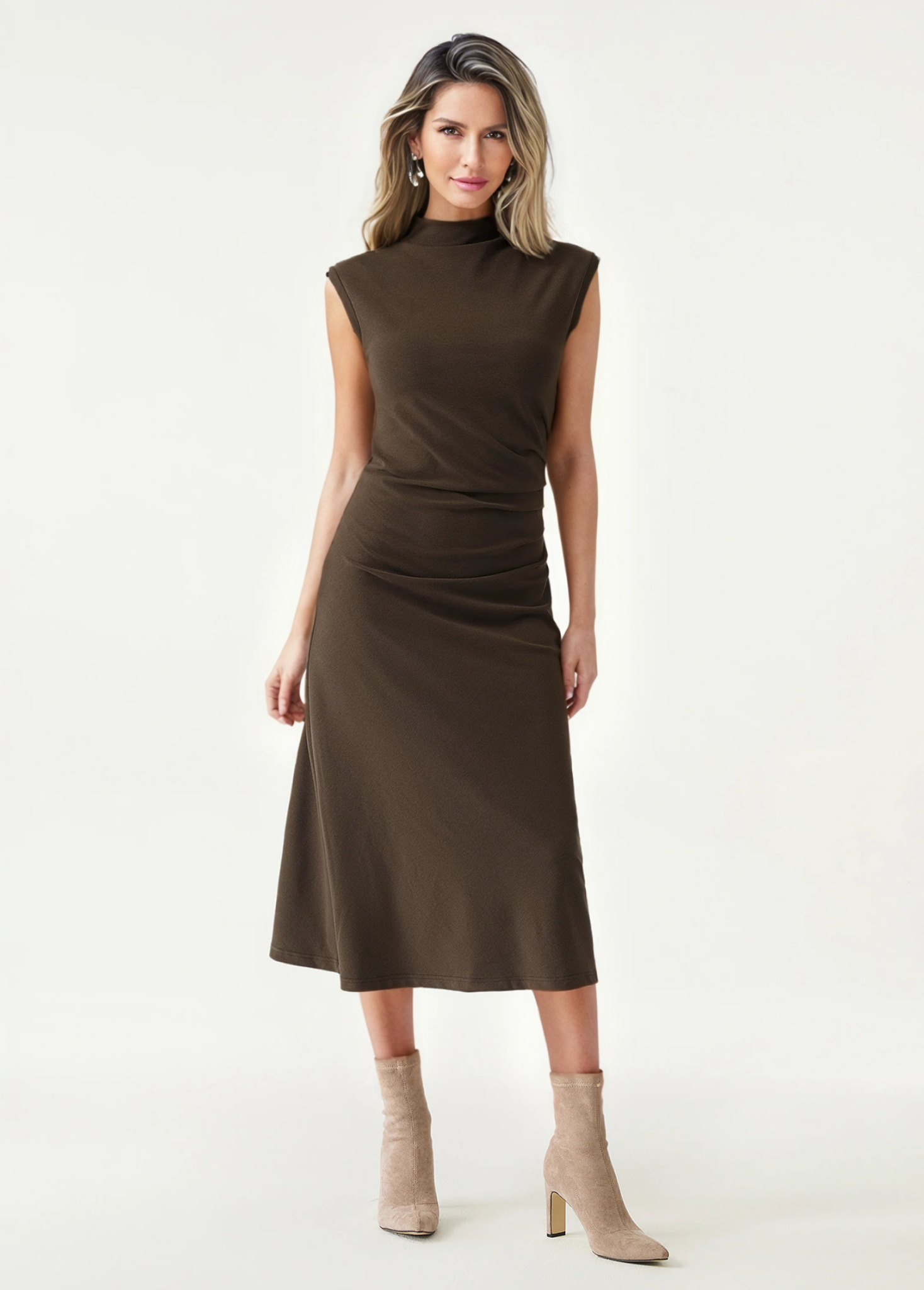 Mock Neck Tucks Waisted Slimming Midi Dress