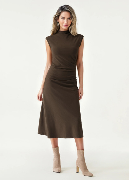 Mock Neck Tucks Waisted Slimming Midi Dress