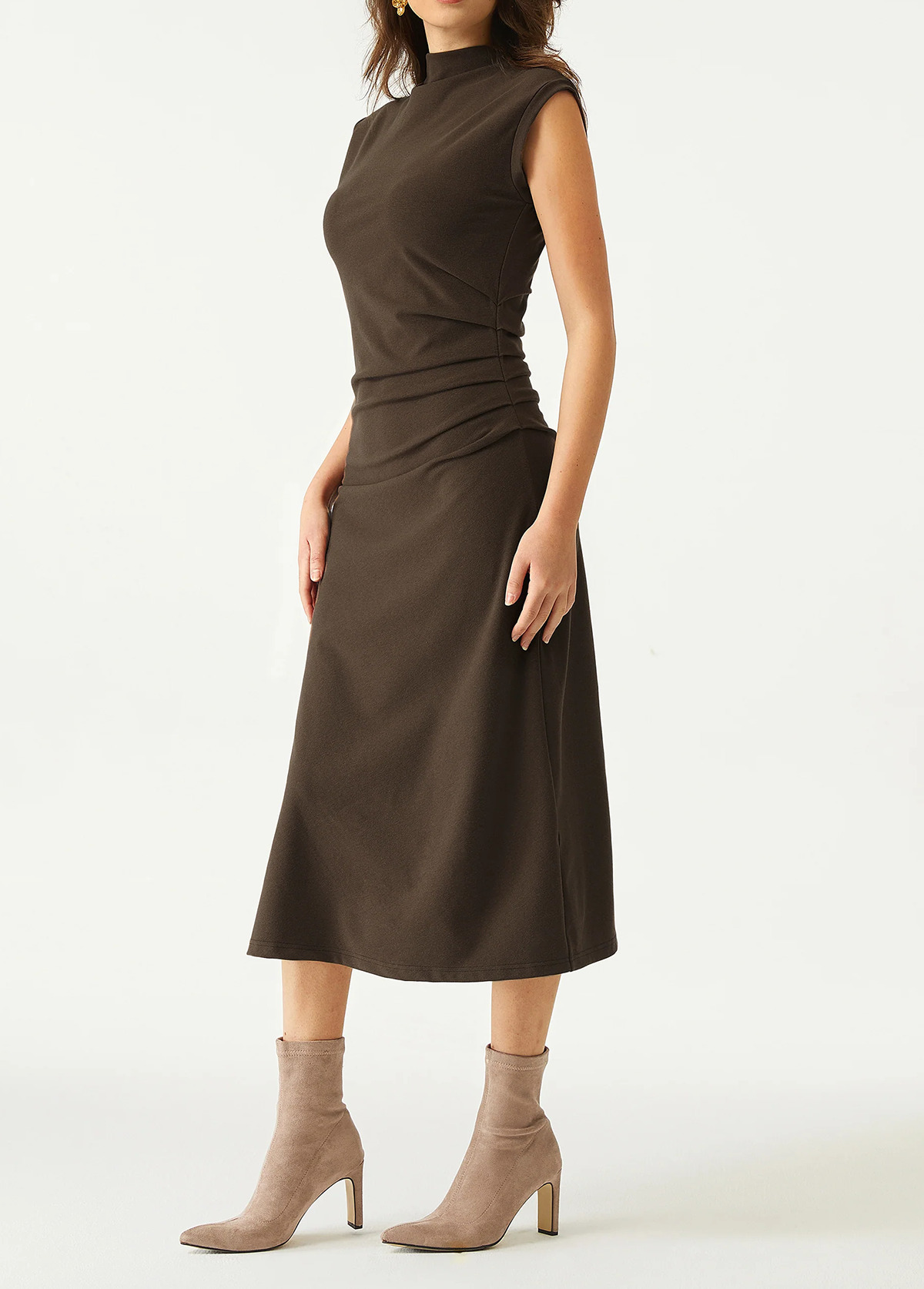 Mock Neck Tucks Waisted Slimming Midi Dress