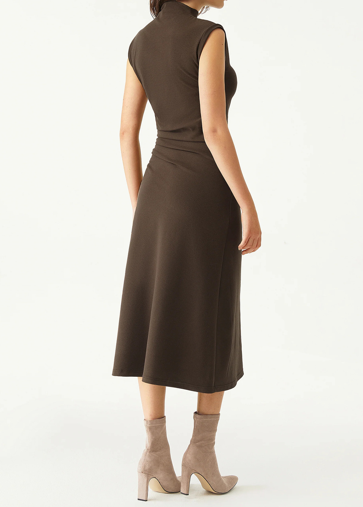 Mock Neck Tucks Waisted Slimming Midi Dress