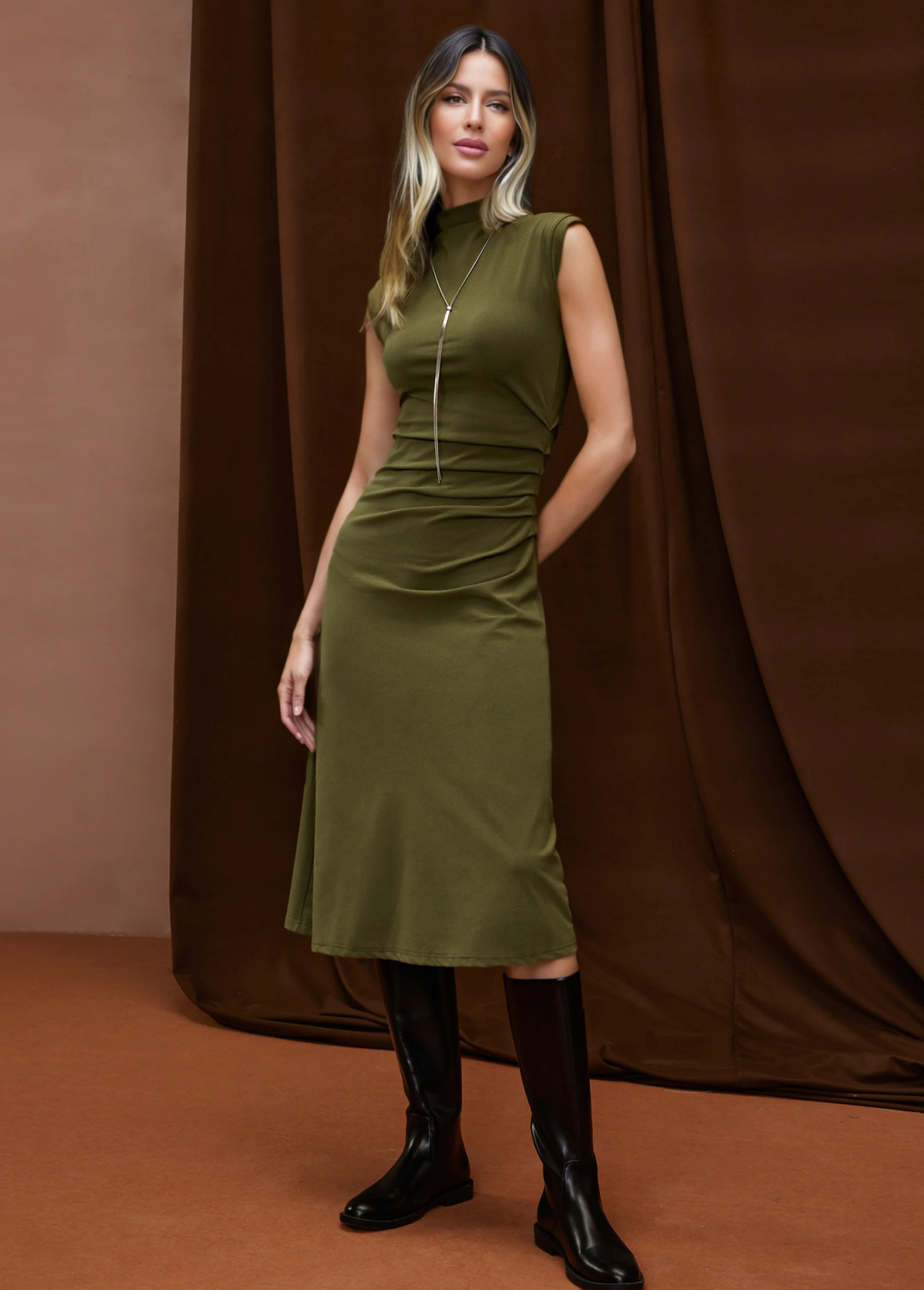 Mock Neck Tucks Waisted Slimming Midi Dress