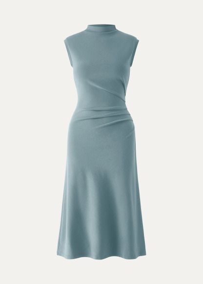 Mock Neck Tucks Waisted Slimming Midi Dress