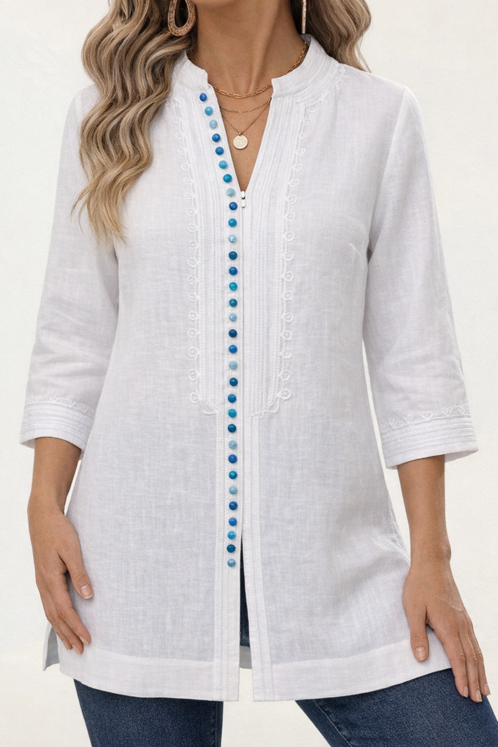 Women's top | Embroidered Zipper Waisted Slimming Linen Tunic Top |ladyboutiquebd