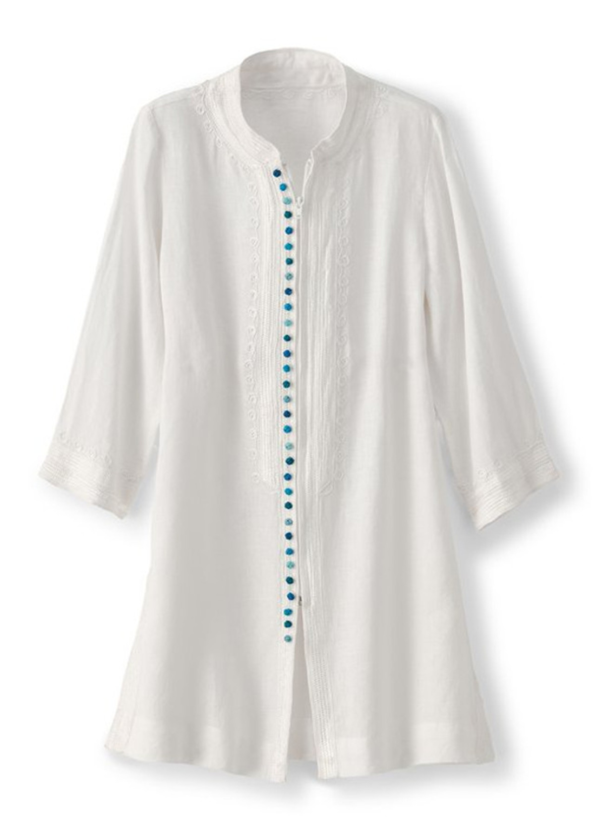 Embroidered Zipper Waisted Slimming Linen Tunic Top