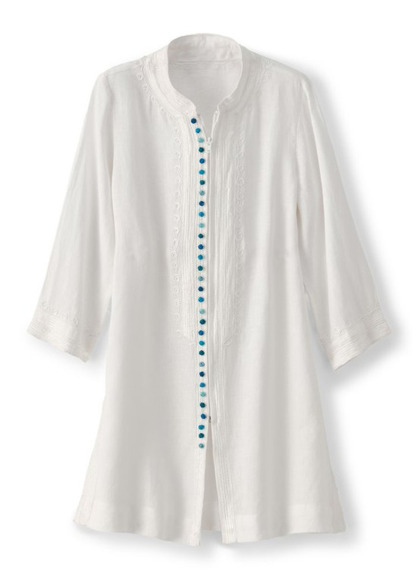 Embroidered Zipper Waisted Slimming Linen Tunic Top