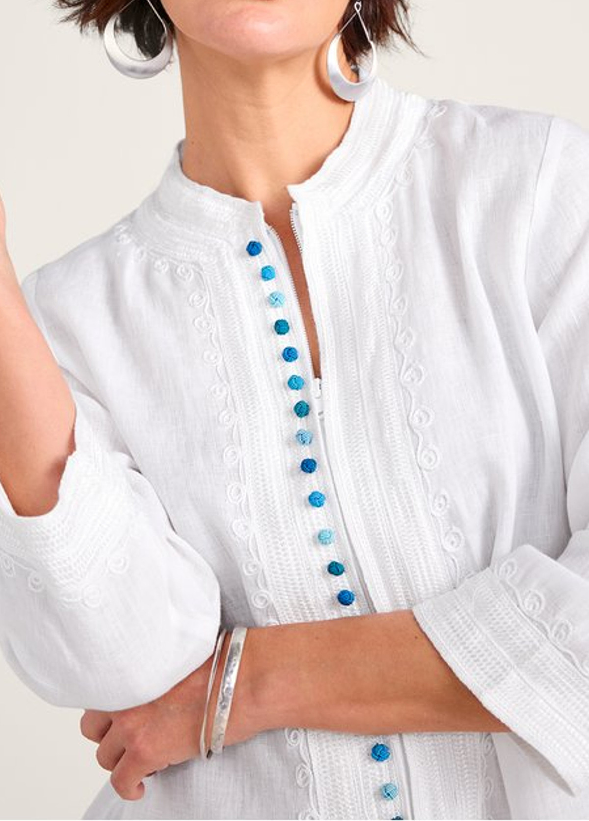 Embroidered Zipper Waisted Slimming Linen Tunic Top