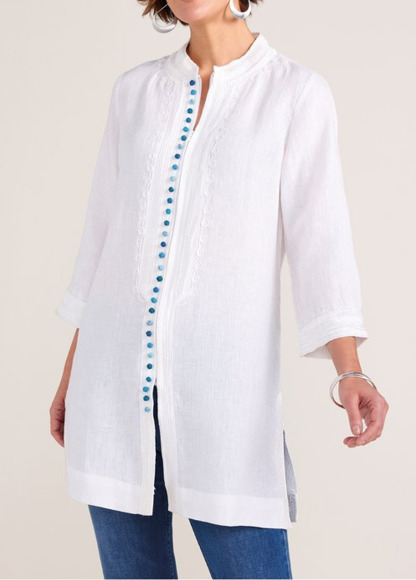 Embroidered Zipper Waisted Slimming Linen Tunic Top