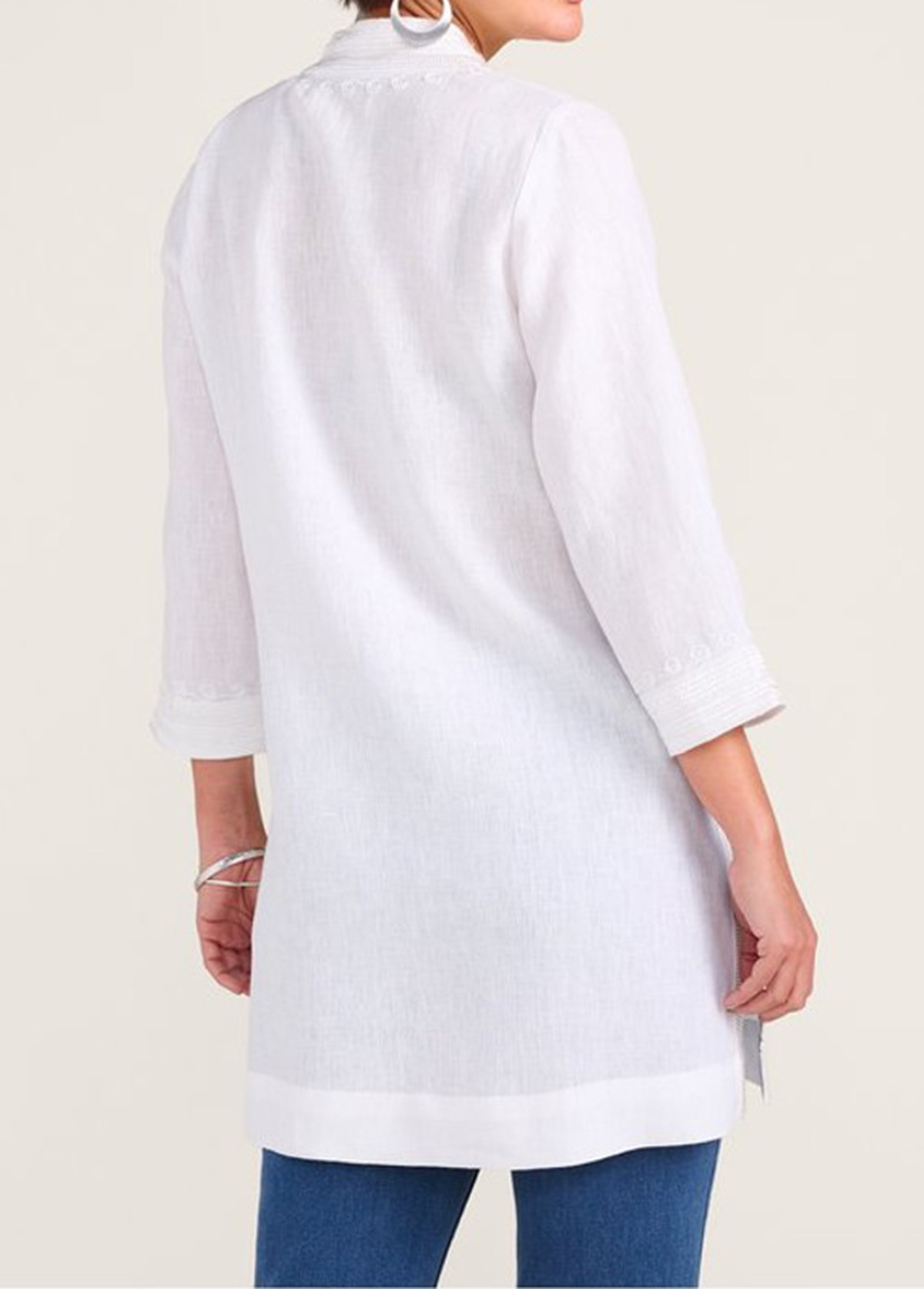 Embroidered Zipper Waisted Slimming Linen Tunic Top