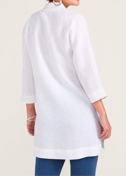 Embroidered Zipper Waisted Slimming Linen Tunic Top