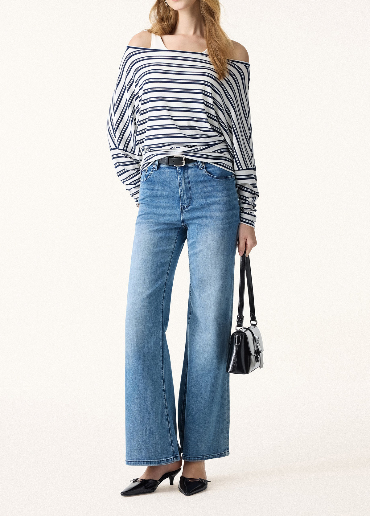 Classic Lyocell Wool Striped Boatneck Slimming Batwing Sleeves Top