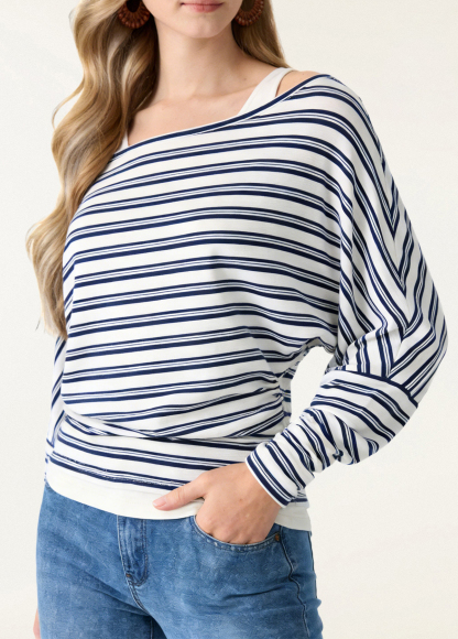 Classic Lyocell Wool Striped Boatneck Slimming Batwing Sleeves Top