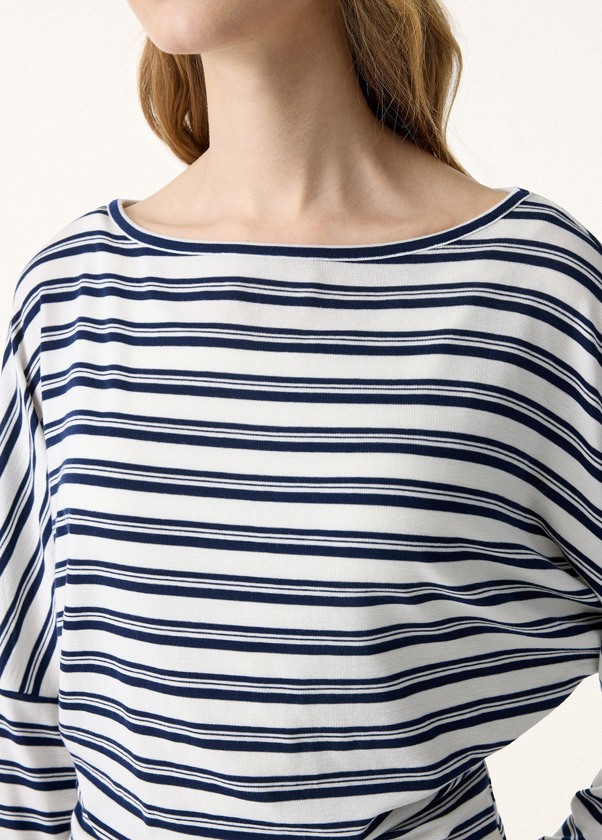 Classic Lyocell Wool Striped Boatneck Slimming Batwing Sleeves Top