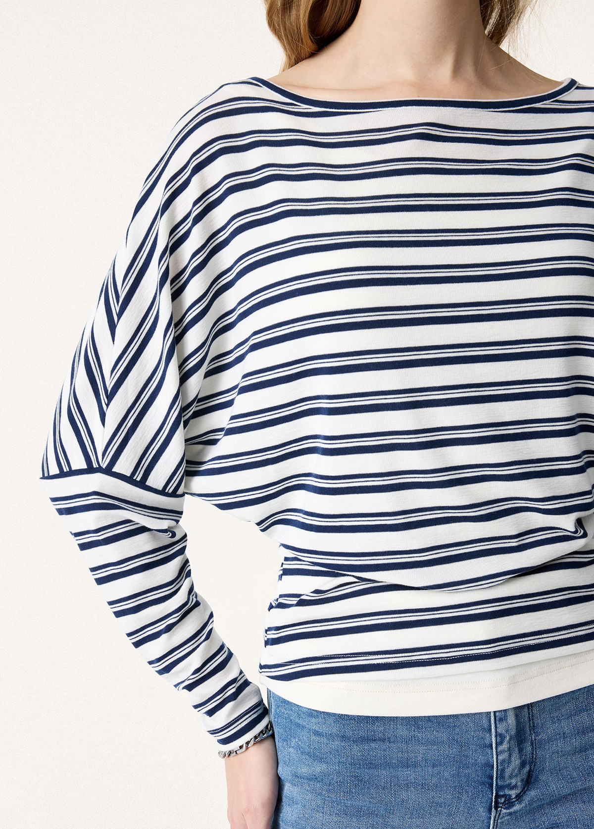 Classic Lyocell Wool Striped Boatneck Slimming Batwing Sleeves Top