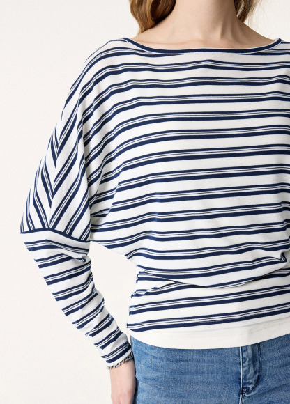 Classic Lyocell Wool Striped Boatneck Slimming Batwing Sleeves Top
