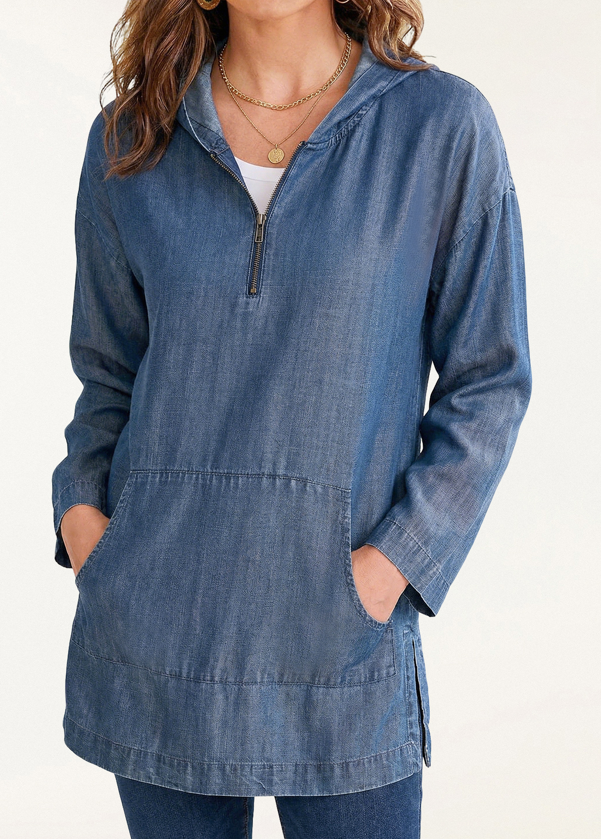Drapey Tencel Denim-Style Zip-Up Hoodie Tunic