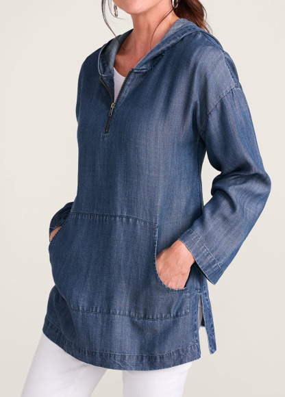 Drapey Tencel Denim-Style Zip-Up Hoodie Tunic