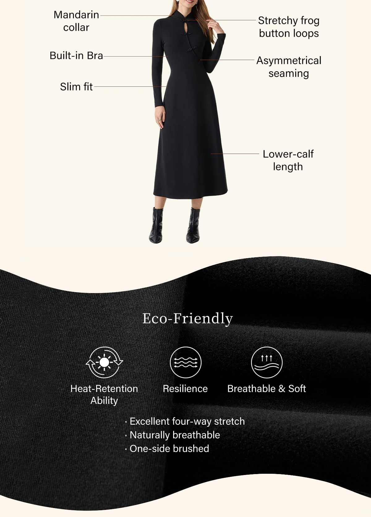 Waisted Slimming Standout Mandarin Collar Frog Button Midi Brami Dress