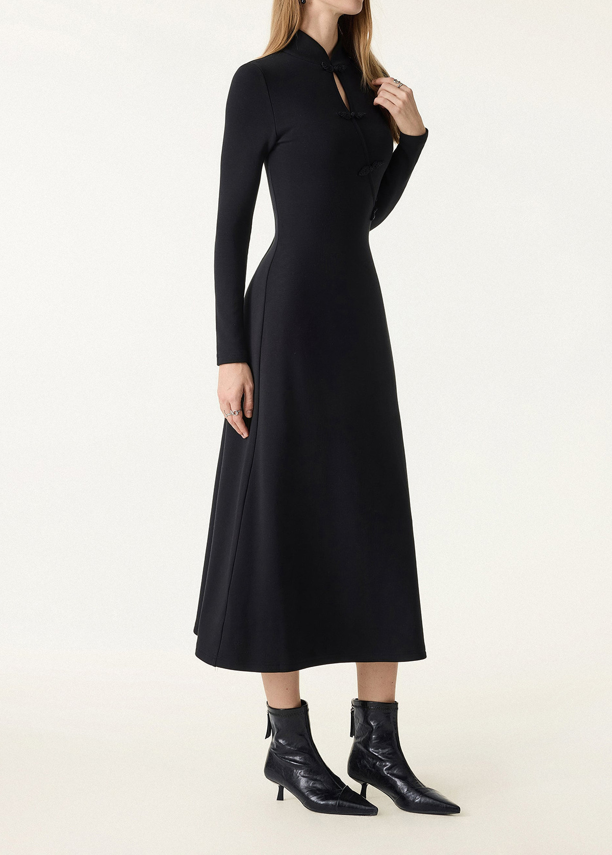 Waisted Slimming Standout Mandarin Collar Frog Button Midi Brami Dress