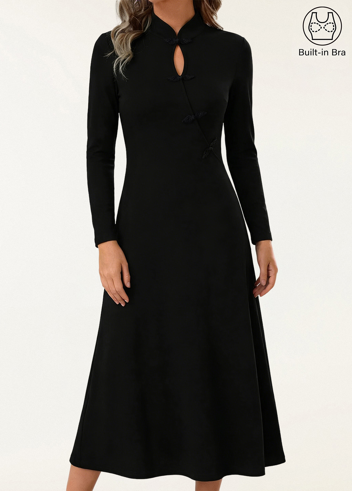 Waisted Slimming Standout Mandarin Collar Frog Button Midi Brami Dress