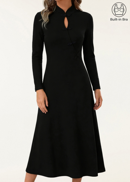 Waisted Slimming Standout Mandarin Collar Frog Button Midi Brami Dress